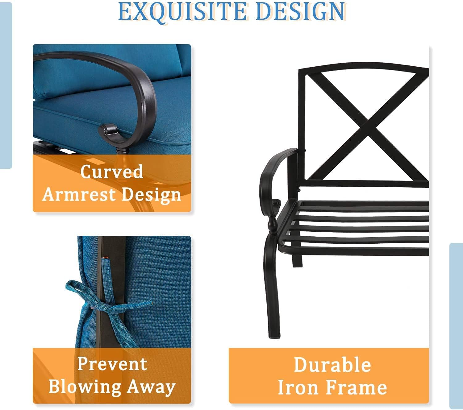 Outdoor 2 Pcs Patio Loveseat Bench Set with Bistro Coffee Table and Patio Steel Frame Sofa with Cushion, Wrought Iron Look, Lawn Front Porch Garden (Peacock Blue)