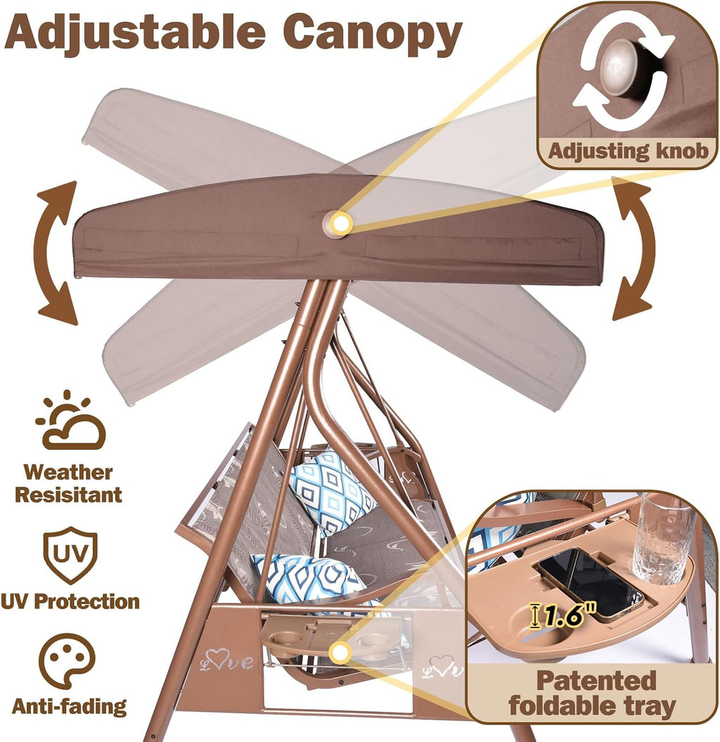 ZZW 3 Person Patio Swing Outdoor Swing for Adults with Adjustable Canopy &Upgraded Cup Holders Textilene Fabric Porch Swing Chair with Stand Heavy Duty 800 LBS