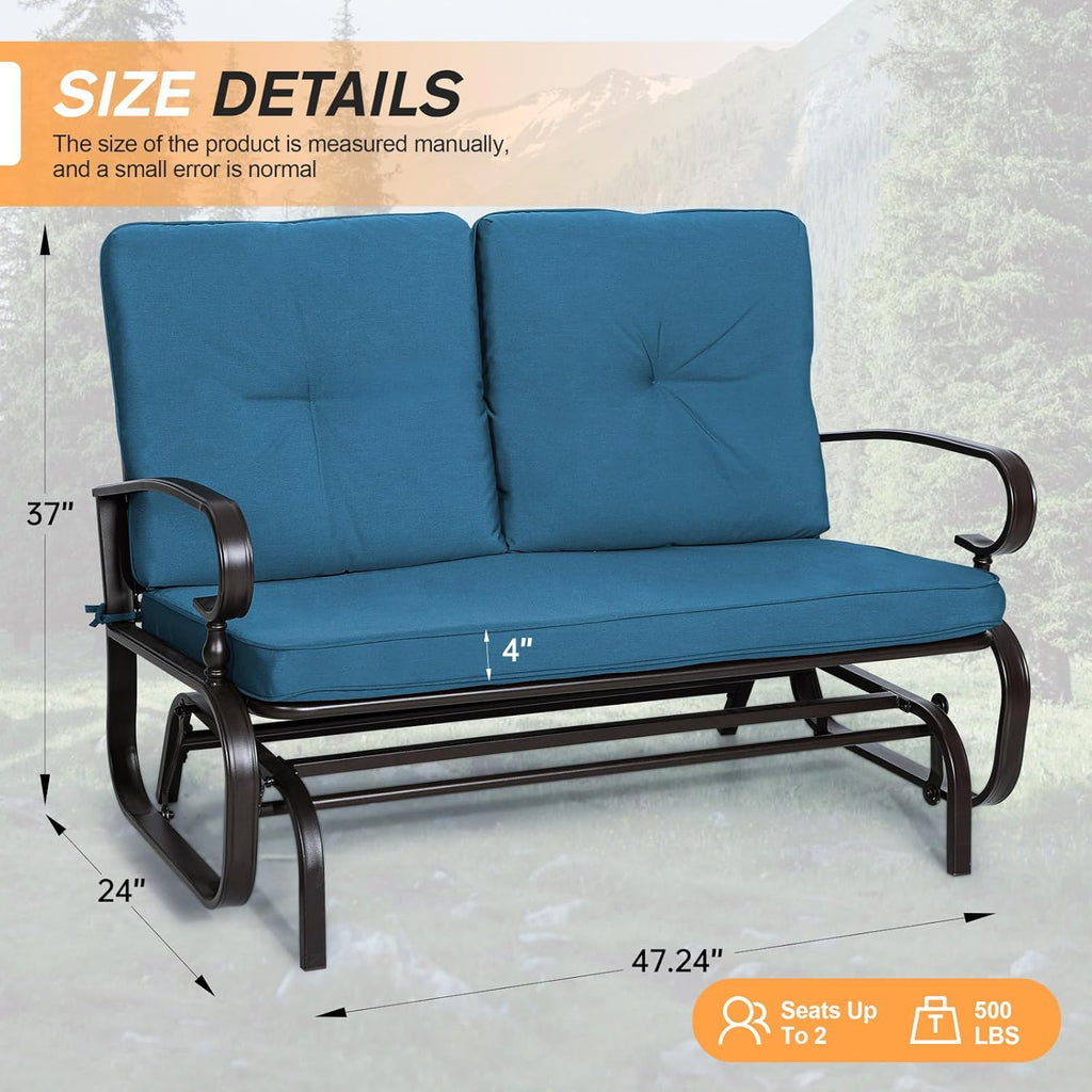 Incbruce Outdoor Swing Glider Rocking Chair Patio Bench for 2 Person, Garden Loveseat Seating Patio Steel Frame Chair Set with Cushion, Peacock Blue