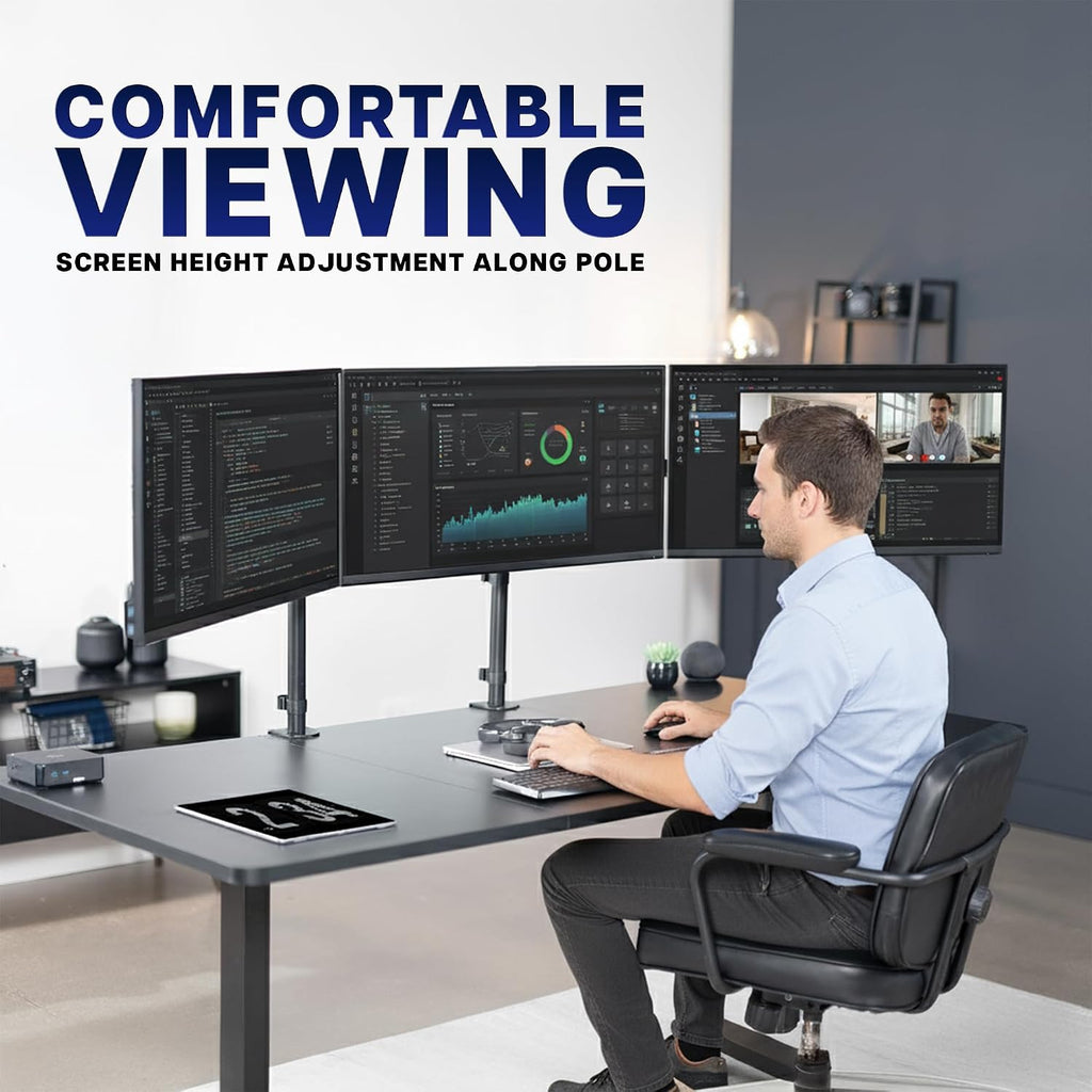 VIVO Clamp-on Dual Pole Triple Monitor Desk Mount for 1 Center Utrawide up to 49 inches and 59.4 lbs, 2 Side Screens up to 38 inches and 17.6 lbs, Low Profile Adjustable Stand, Black, STAND-V300CU