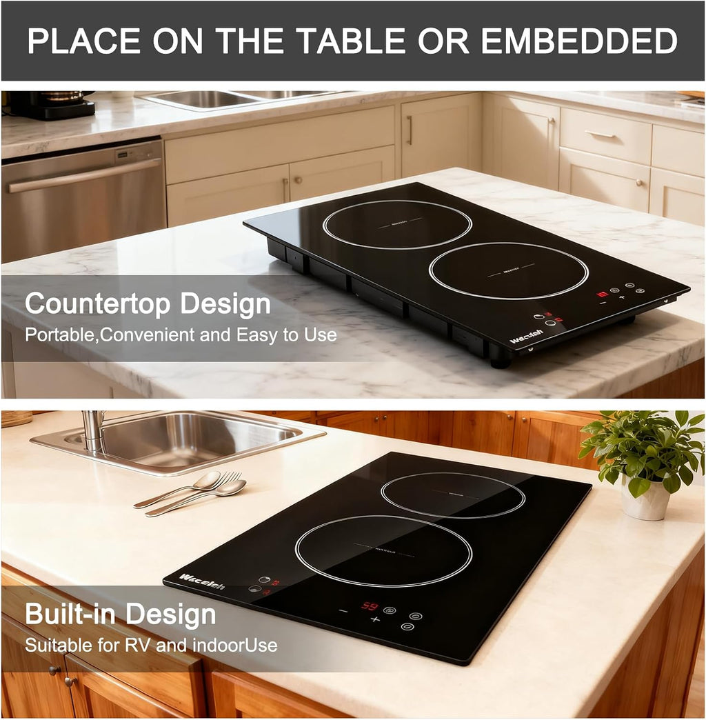 Double Induction Cooktop 3300W, Weceleh 2 Burner Induction Stove Top with 9 Power Levels, 12 Inch Electric Cooktop, Safety Lock, Timer, Plug-in, Built-in or Countertop, 110-120V