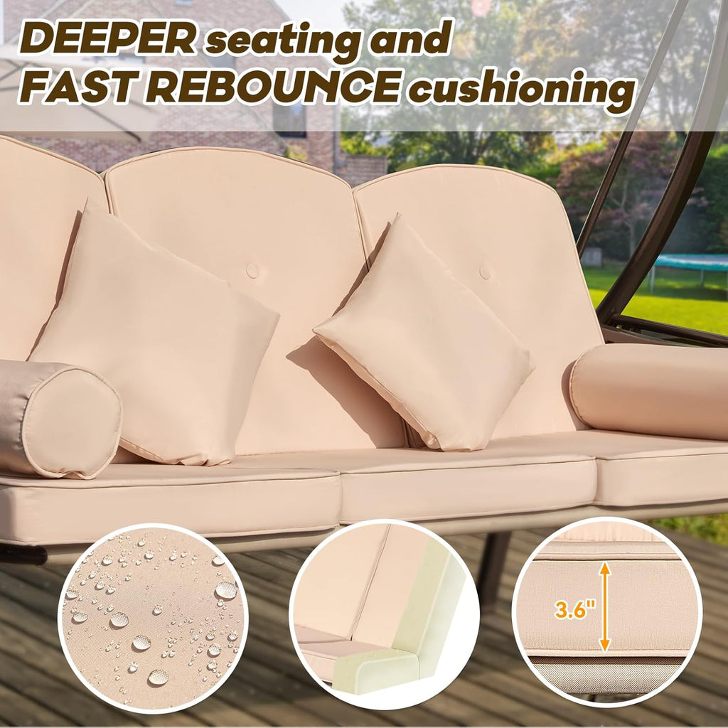 3 in 1 Outdoor Porch Swing with Adjustable Canopy, 3 Seat Outdoor Swing for Adults, Patio Swing Chair with Thickened Cushions,Pillows & Cup Holders for Backyard, Porch, Garden (Khaki)