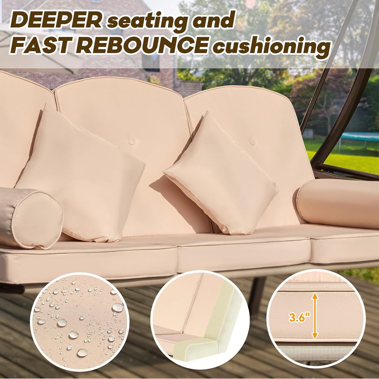 3 in 1 Outdoor Porch Swing with Adjustable Canopy, 3 Seat Outdoor Swing for Adults, Patio Swing Chair with Thickened Cushions,Pillows & Cup Holders for Backyard, Porch, Garden (Khaki)