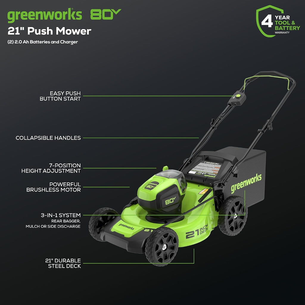 Greenworks 80V 21' Brushless (Push) Cordless Electric Lawn Mower + (500 CFM) Axial Leaf Blower + 13' String Trimmer (75+ Compatible Tools), (2) 2.0Ah Batteries and 30 Minute Rapid Charger