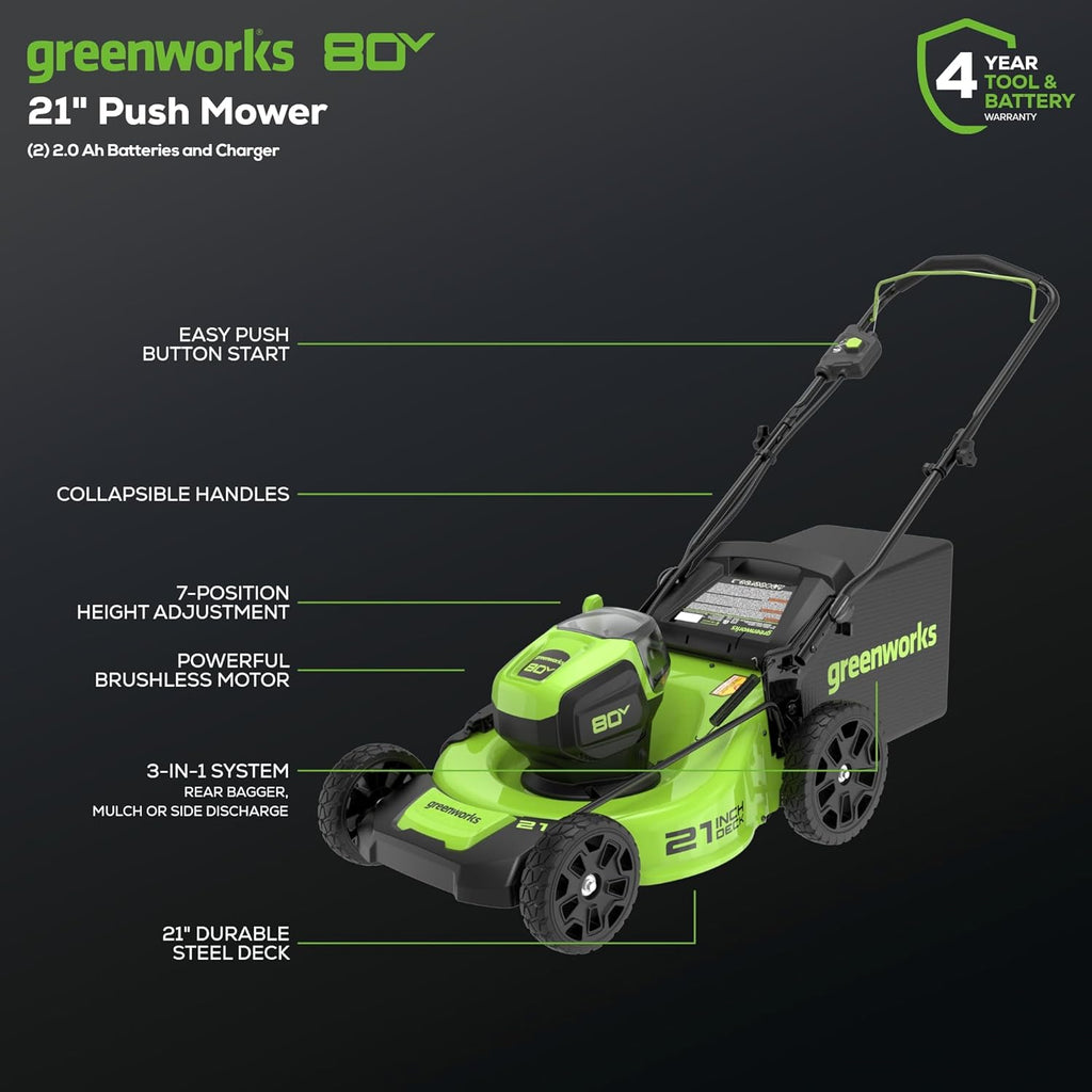 Greenworks 80V 21' Brushless (Push) Cordless Electric Lawn Mower + (500 CFM) Axial Leaf Blower (75+ Compatible Tools), (2) 2.0Ah Batteries and 30 Minute Rapid Charger