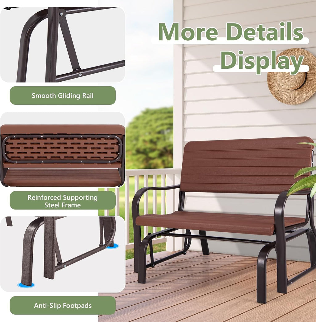 Tangkula Outdoor Glider Bench, Porch Glider Loveseat Swing Bench with w/Steel Frame, 2-Seat Rocking Chair for Porch, Garden, Backyard, Lawn (Coffee)