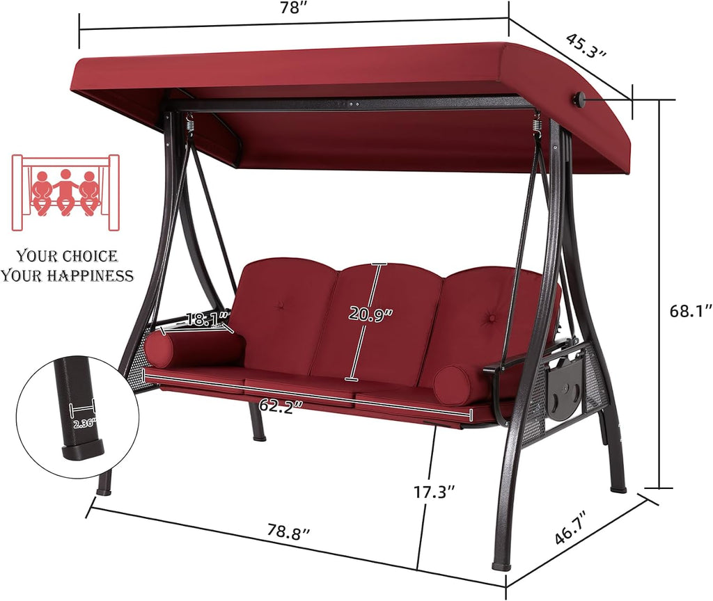 HOMREST 3 Seat Outdoor Porch Swing with 1.5' Deepened Cup Holder, Adjustable Canopy, Patio Swing Bed with Stand, Patio Glider Swing with Thicken Cushions, Pillow for Yard, Garden(Wine Red)
