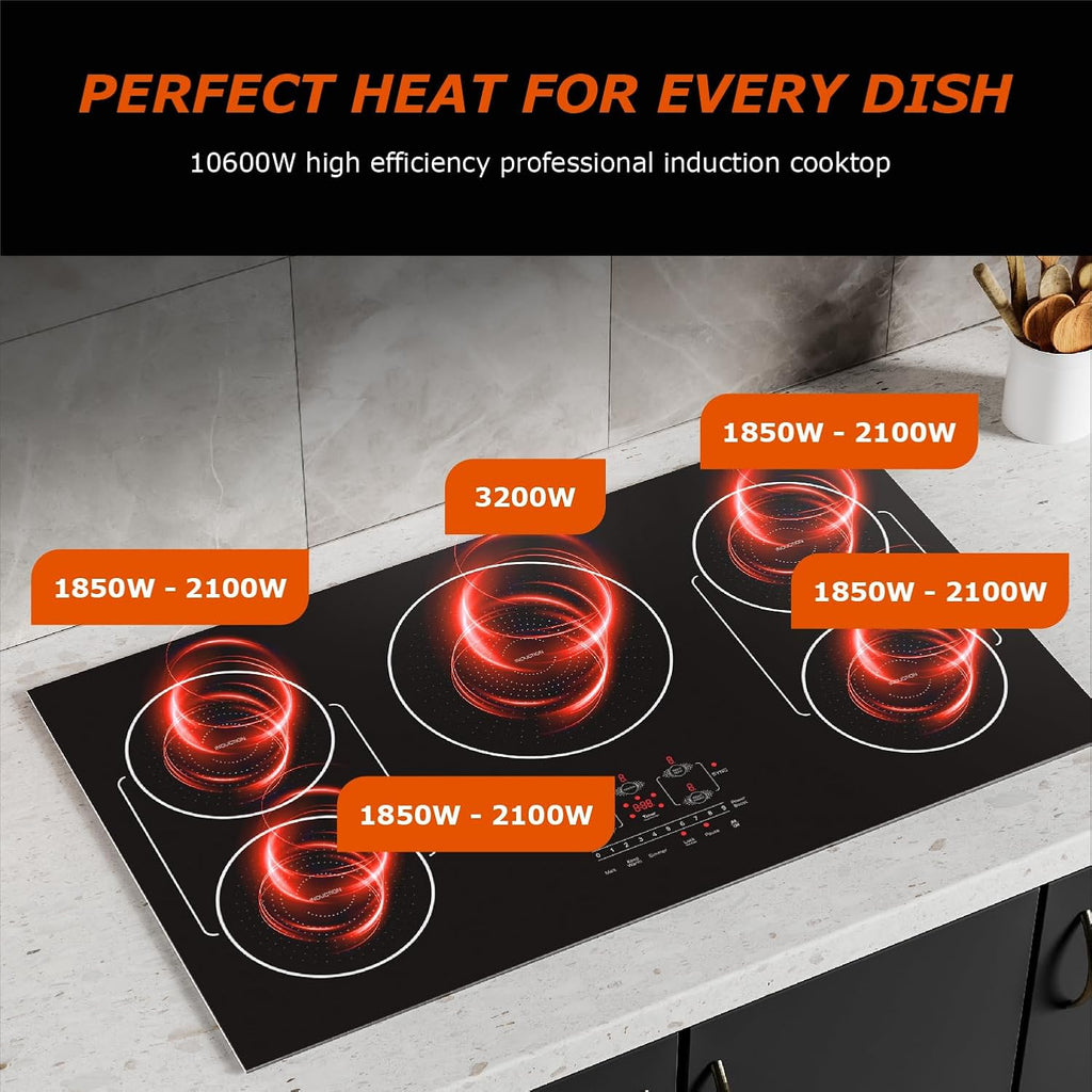 36 Inch Induction Cooktop 5 Burners, Flat Glass Top Electric Stove Hob with Bridge-SYNC, 3 Preset Modes Booster, Timer, Pause, Child Lock, Drop in, 208~240V/50A, Black