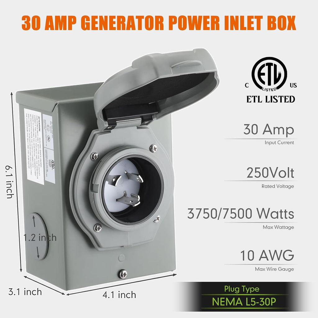Kanayu 25FT 30 Amp RV Generator Cord and Power Inlet Box Compatible with NEMA TT-30P to L5-30R Lock Generator Extension Cord with LED Indicator Pre-Drilled L5-30P Generator Inlet Box, ETL Listed