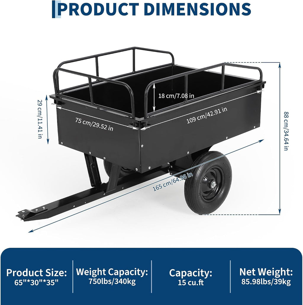Garvee 750 LB Heavy Duty Steel Dump Cart Trailer - 15 Cu Ft Capacity Tow Behind Utility Trailer for ATV, Lawn Tractor, Riding Mower - Removable Tailgate & Raised Side Rails, Black