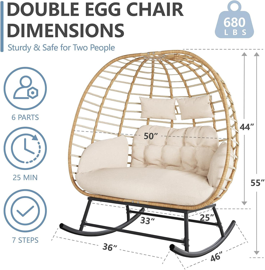 SWITTE Double Wicker Egg Rocking Chair Outdoor, Indoor Egg Swing Loveseat with Thick Cushions, Oversized 2-Person Patio Lounge Chair, 680 LBS Capacity for Balcony, Backyard, Porch-Beige