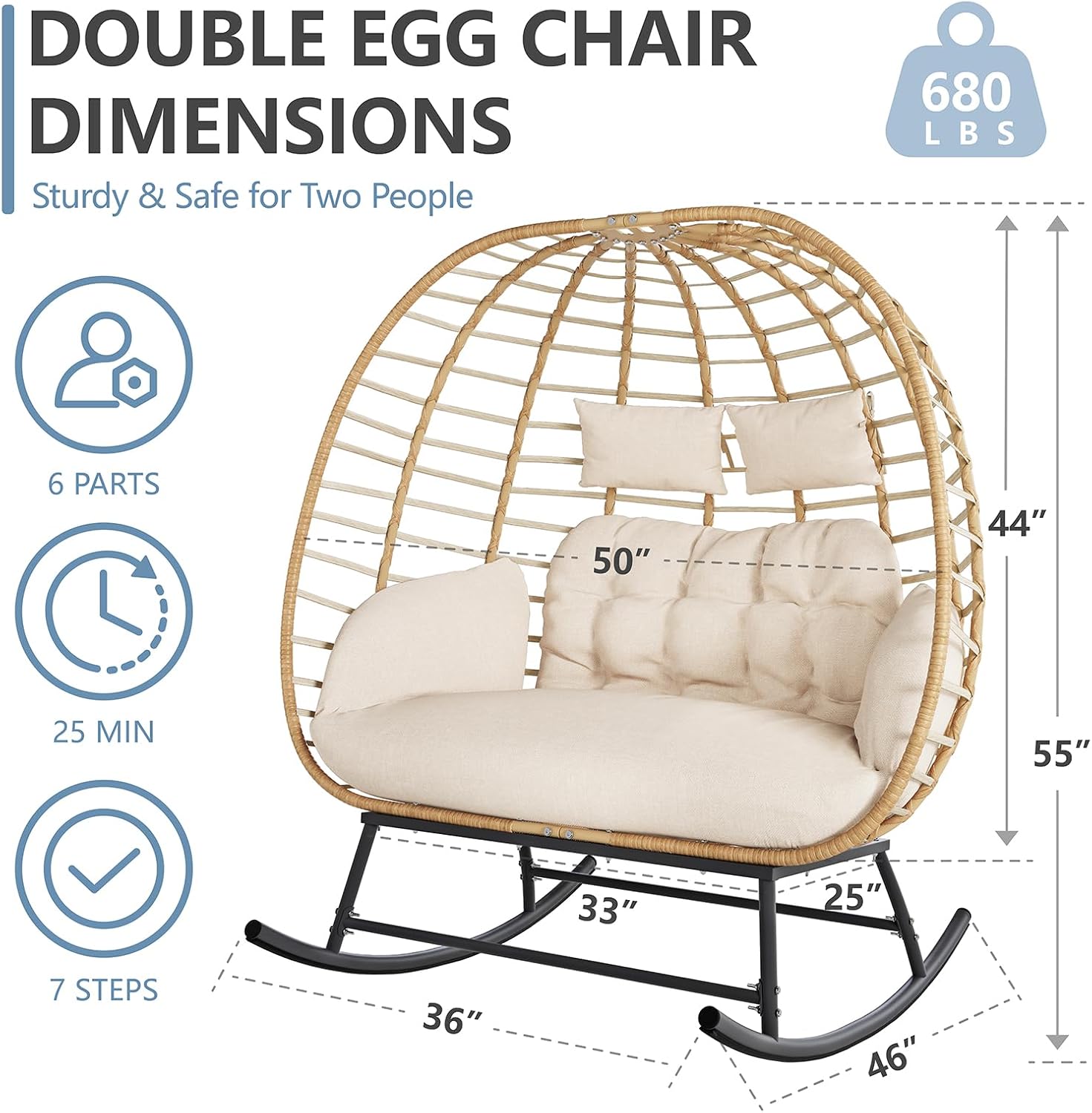 SWITTE Double Wicker Egg Rocking Chair Outdoor, Indoor Egg Swing Loveseat with Thick Cushions, Oversized 2-Person Patio Lounge Chair, 680 LBS Capacity for Balcony, Backyard, Porch-Beige