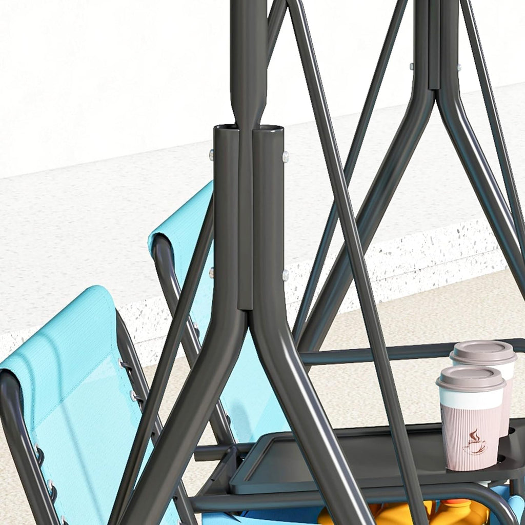 Outsunny 2-Seat Patio Swing Chair, Outdoor Canopy Swing Glider with Pivot Storage Table, Cup Holder, Adjustable Shade, Bungie Seat Suspension and Weather Resistant Steel Frame, Blue