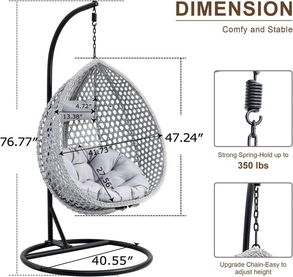 LKTART Egg Swing Chair with Stand Rattan Hanging Egg Chair with Cushions and Pillow Relaxing Chair Foldable Basket & Metal Stand Indoors or Outside 2-Grey