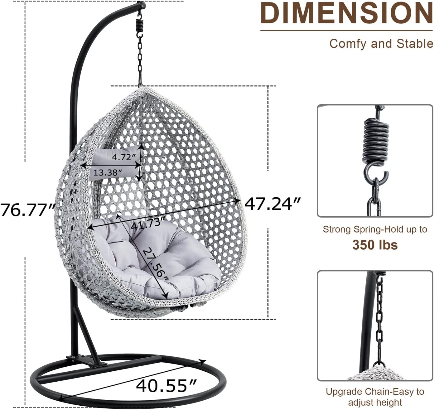 LKTART Egg Swing Chair with Stand Rattan Hanging Egg Chair with Cushions and Pillow Relaxing Chair Foldable Basket & Metal Stand Indoors or Outside 2-Grey