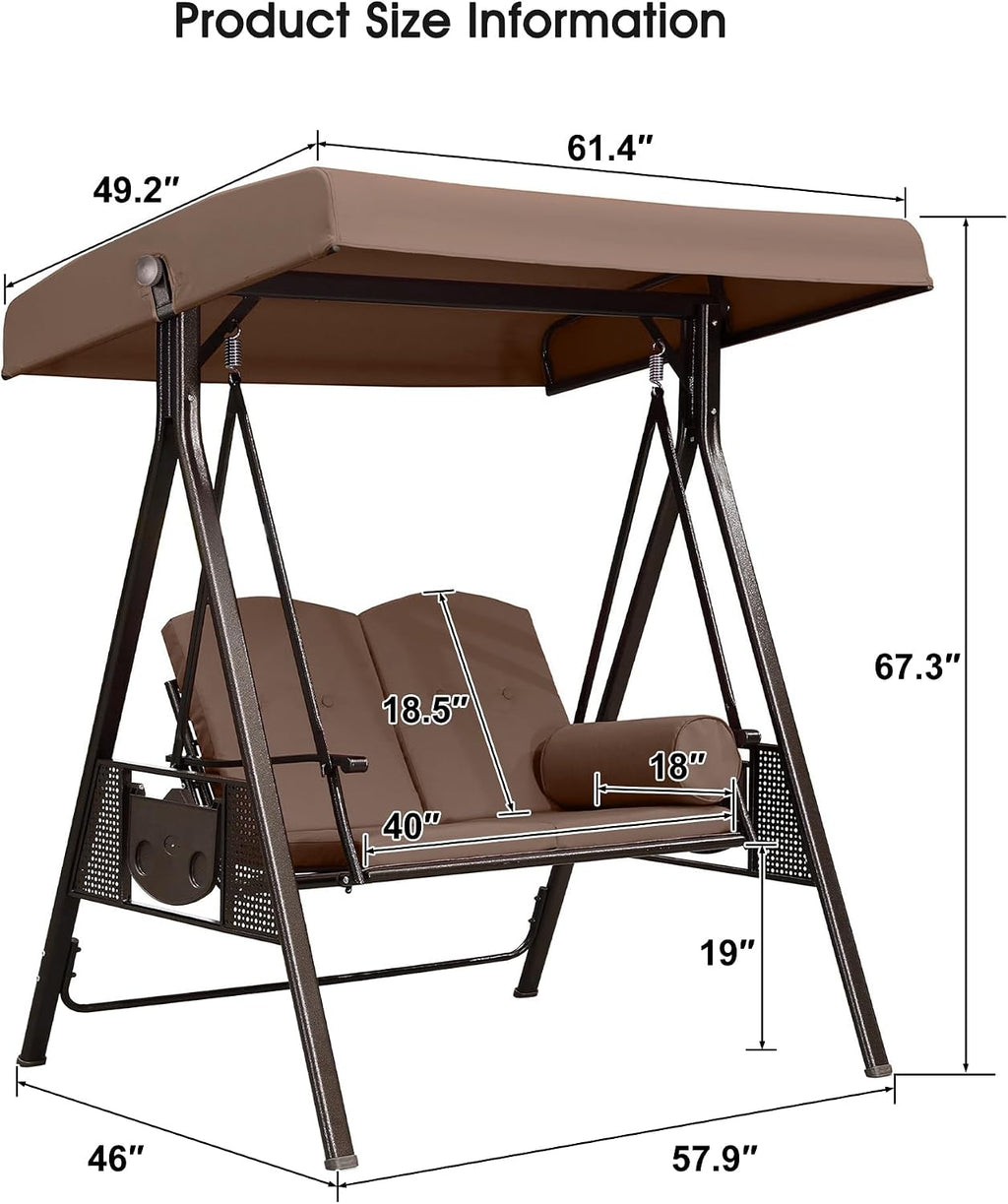 PURPLE LEAF 2-Seat Deluxe Outdoor Patio Porch Swing with Weather Resistant Steel Frame, Adjustable Tilt Canopy, Cushions and Pillow Included, Beige