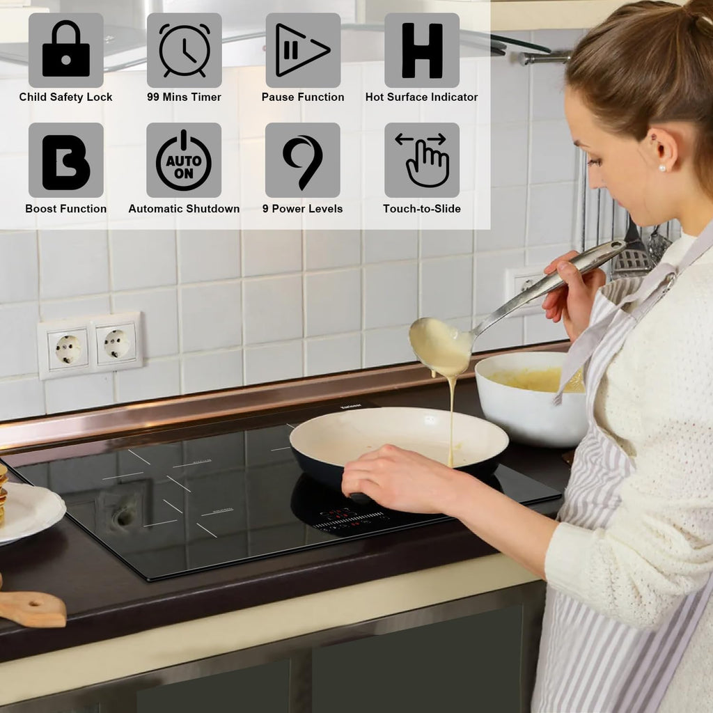 Karinear 30 Inch Induction Cooktop, 4 Burners Electric Cooktop With Touch Control, 9 Power Level Drop-in Induction Stove top, Child Safety Lock & Timer, 7200w,220V, No Plug(come with a pot)