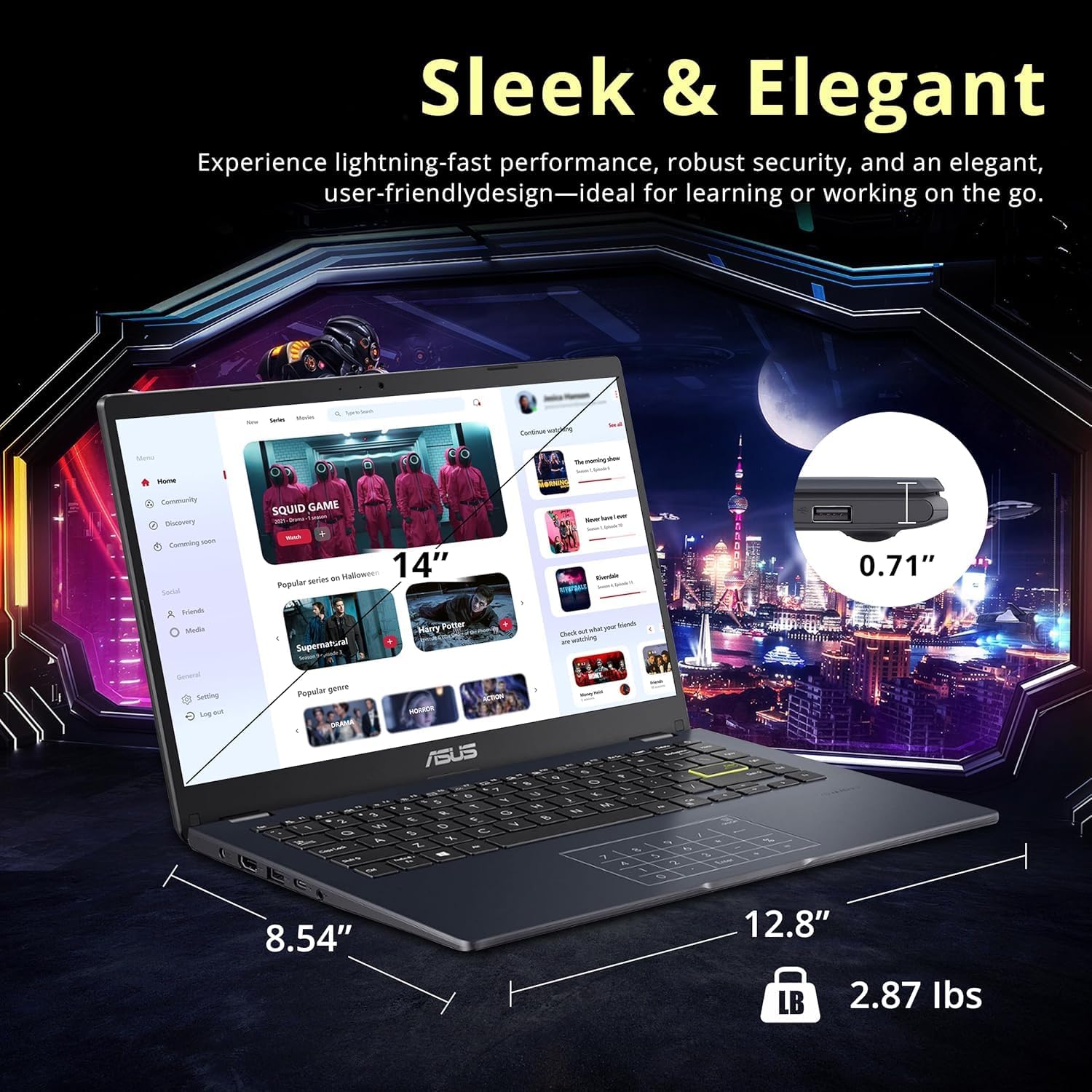 ASUS Vivobook go 14' FHD Laptop, Intel Pentium N6000 (Up to 3.30GHz), 4GB RAM, 64GB eMMC, Thin & Light, NumberPad, Webcam, HDMI, Wi-Fi, Win 11 Home in S Mode