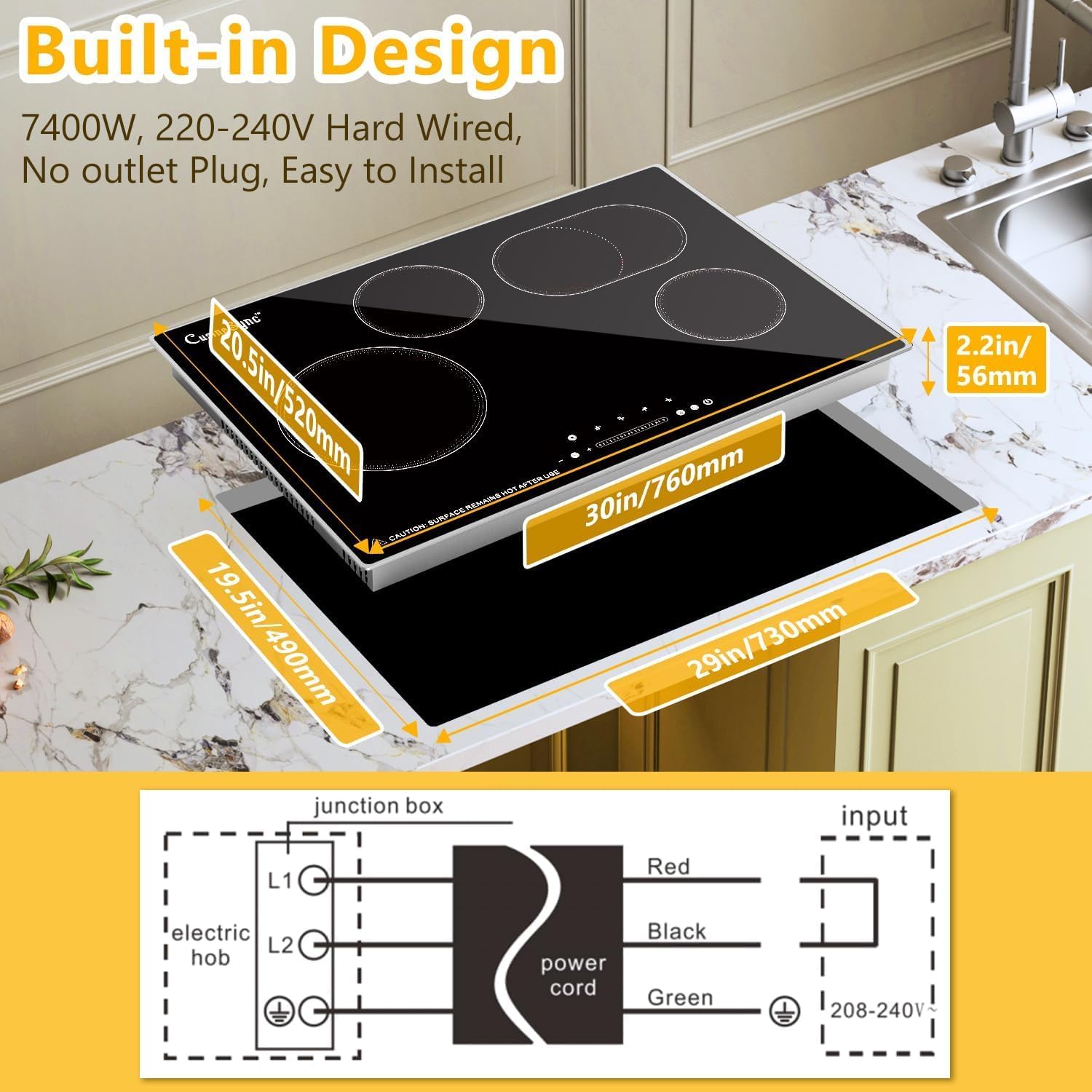 30″ Built-In Electric Ceramic Cooktop, 7400W 4 Burners, Dual Ring Heating, Easy Touch Control, Works with All Cookware