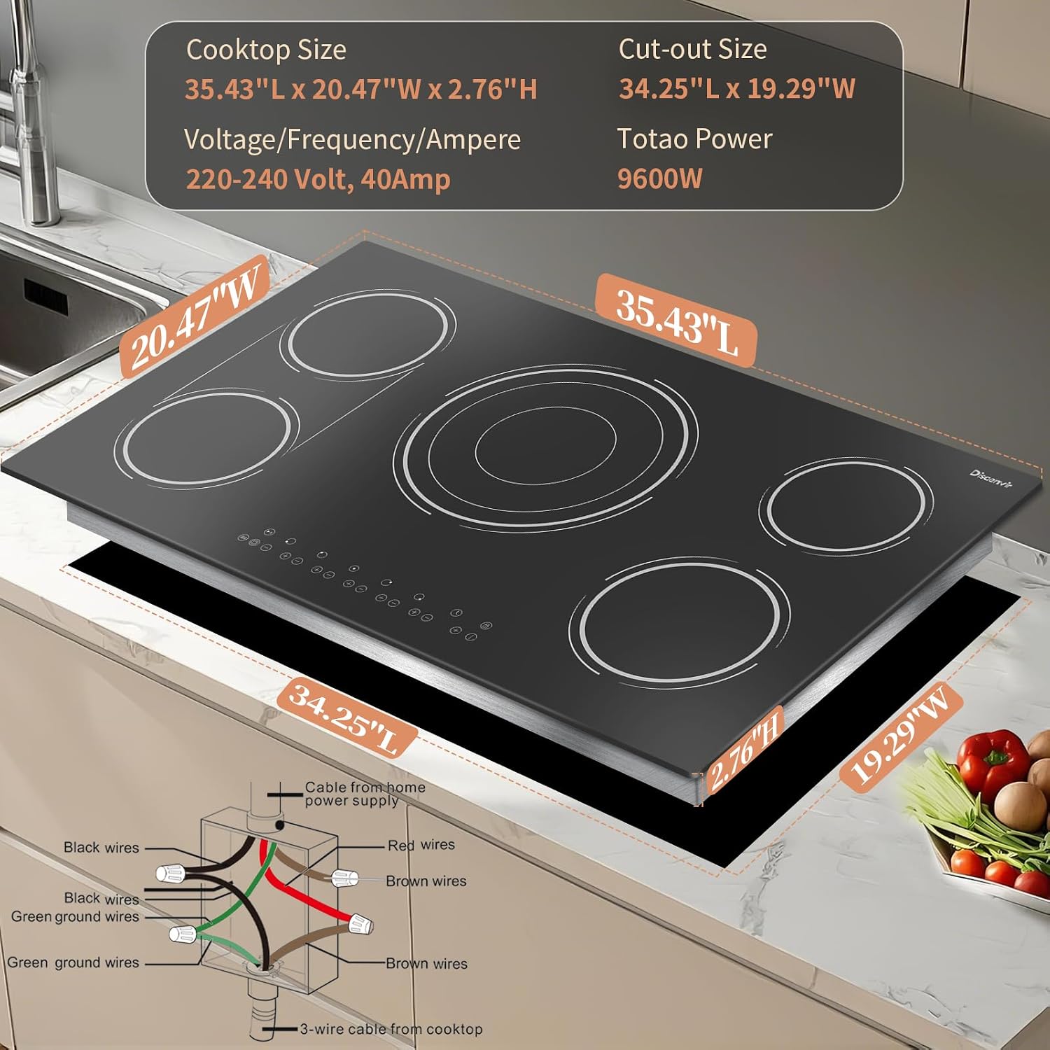 Electric Cooktop 36 Inch - 5 Burner Electric Stove Top Powerful 9600W, 36 Inches Built-in(34.25'x19.3') Ceramic Stove with Large 3900W Flexible Zone, Timer, Safety Lock, 220V Hard Wired