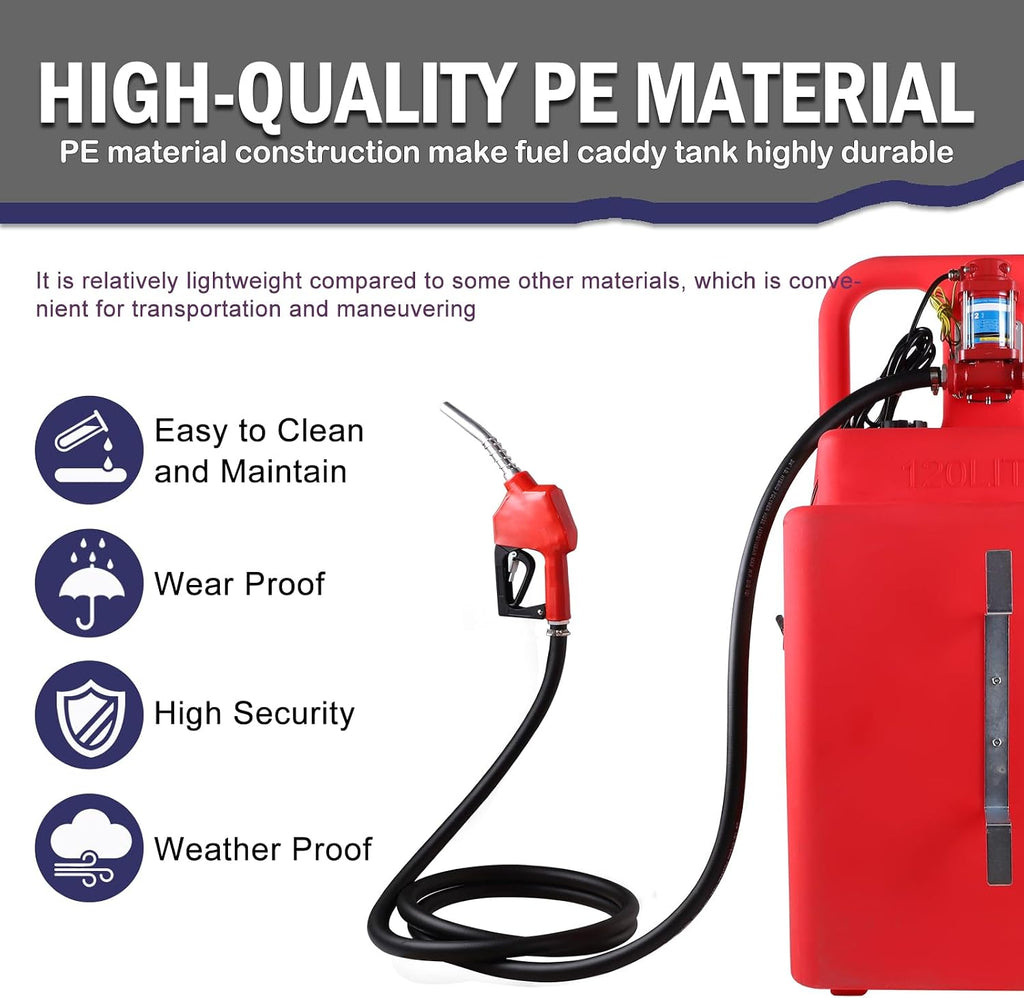 32 Gallon Fuel Caddy, Fuel Transfer Tank, Portable Gasoline Caddy Diesel Caddy with 12GPM Electric Pump for Cars, Motorcycles, Boats, Lawn Mowers, Snowblowers, Auto Fueling Nozzle