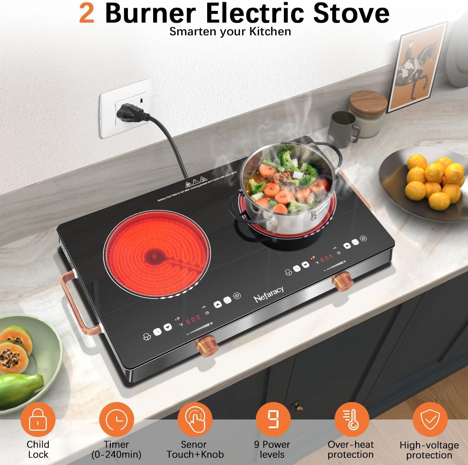 2 Burner Electric Cooktop 24 inch, 110-120V Plug in 2000W Ceramic Cooktop, Portable Electrics Stove with Handles,Touch & Knob Control, Safety Lock, 9 Heating Levels, 240Mins Timer, Overheat Protection