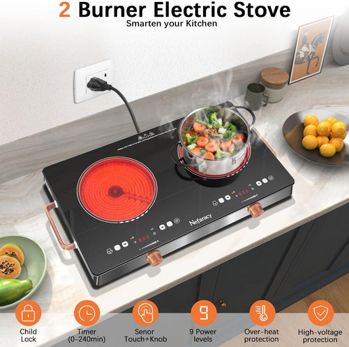2 Burner Electric Cooktop 24 inch, 110-120V Plug in 2000W Ceramic Cooktop, Portable Electrics Stove with Handles,Touch & Knob Control, Safety Lock, 9 Heating Levels, 240Mins Timer, Overheat Protection