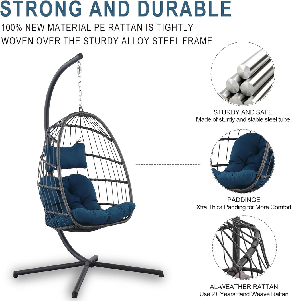 Indoor Outdoor Patio Wicker Hanging Chair Swing Chair Patio Egg Chair UV Resistant Cushion Aluminum Frame (Teal Blue)