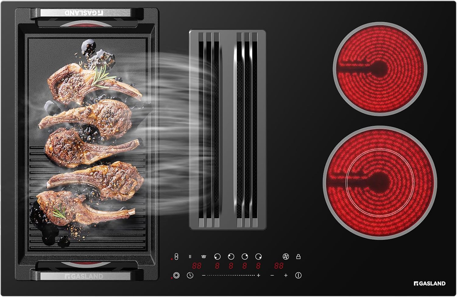 GASLAND Electric Cooktop with Downdraft 31.5 Inch(80cm), 4 Burners Glass Radiant Stovetop 220V, 3-speed Max. 330 CFM Downdraft Exhaust