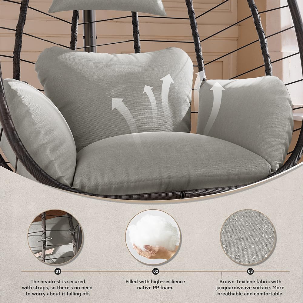 Kurapika Egg Swing Chair Indoor Outdoor Patio Wicker Rattan Hanging Egg Chair with Stand, Hammock Swing with Cushioned Headrest, 350LB Capacity for Bedroom, Balcony, Garden (Beige)