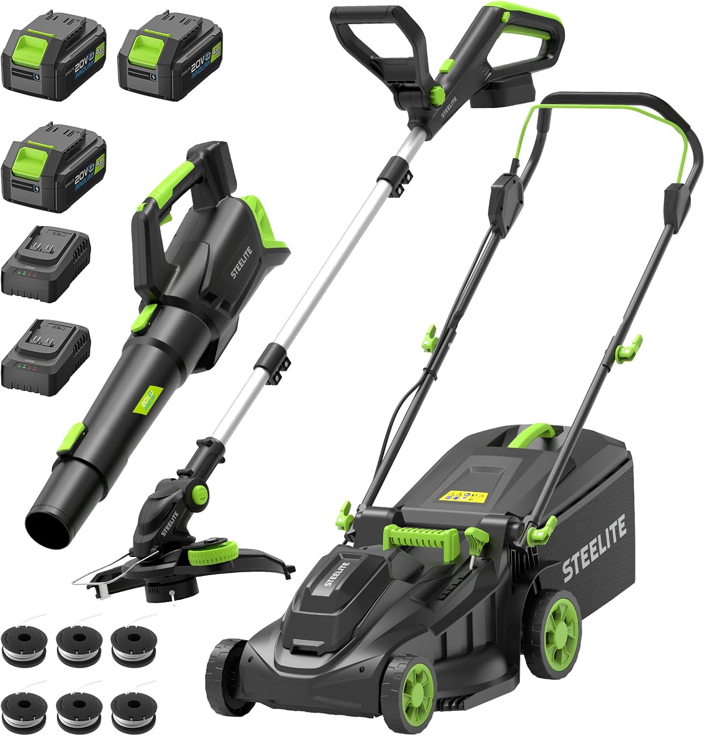 STEELITE 40V(2×20V) 17-Inch Cordless Lawn Mower Combo, Brushless Electric Mower, 12-Inch String Trimmer & 500CFM Leaf Blower, Yard Tools Kit with 3×4.0Ah Batteries and Dual Chargers