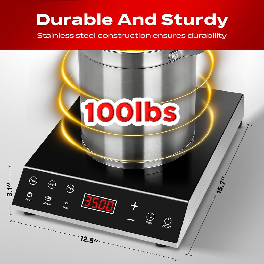 Commercial Induction Cooktop, 3500W 220V Electric Countertop Burner with Large heating area, 5 Quick-Temp Modes, Timer & LED Display, Portable Induction Hot Plate for Restaurant Kitchen Hotel Catering