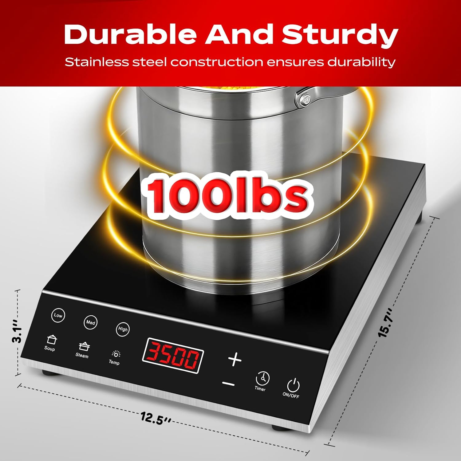 Commercial Induction Cooktop, 3500W 220V Electric Countertop Burner with Large heating area, 5 Quick-Temp Modes, Timer & LED Display, Portable Induction Hot Plate for Restaurant Kitchen Hotel Catering