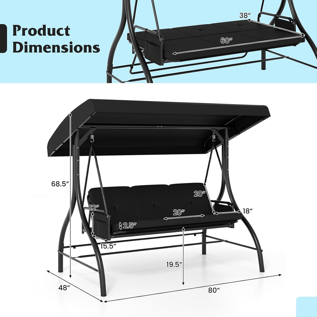 Tangkula 3 Person Porch Swing, 2-in-1 Convertible Outdoor Swing with Adjustable Canopy, Removable Cushions, Metal Frame, Side Pockets for Backyard, Garden, Porch (Black)