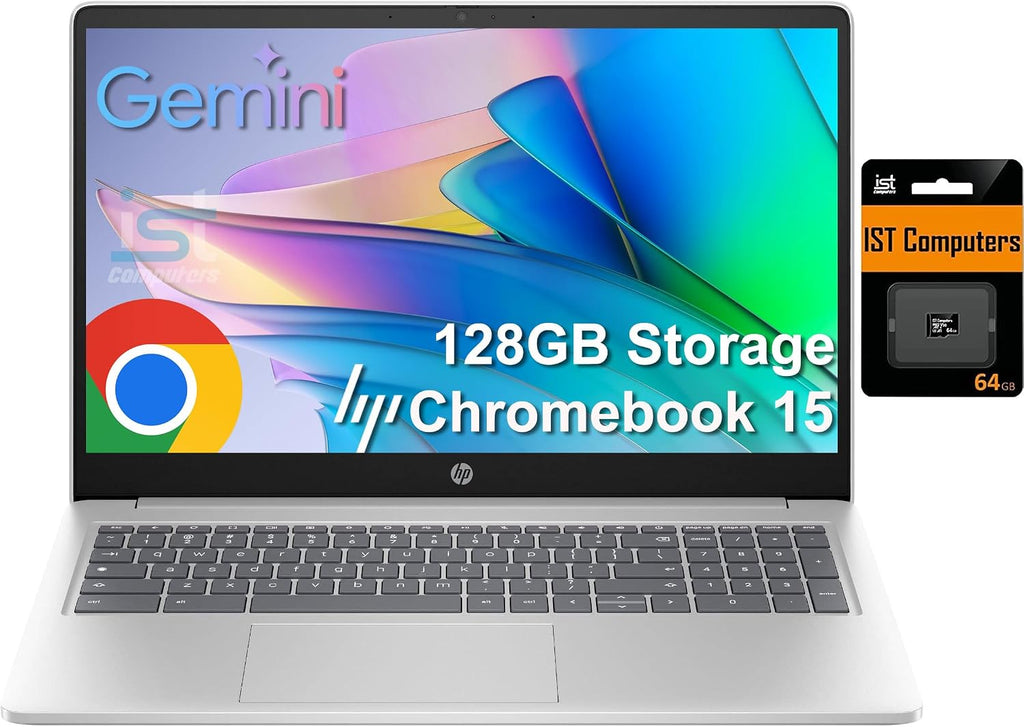 HP Chromebook Laptop 15 ( 15.6' Anti-Glare, Intel N200 (> i3-1115G4), 8GB DDR5 RAM, 128GB Storage (64GB eMMC + 64GB SD Card), Numeric KB) Home & Student, Wi-Fi, Webcam w/Shutter, Chrome OS, Silver