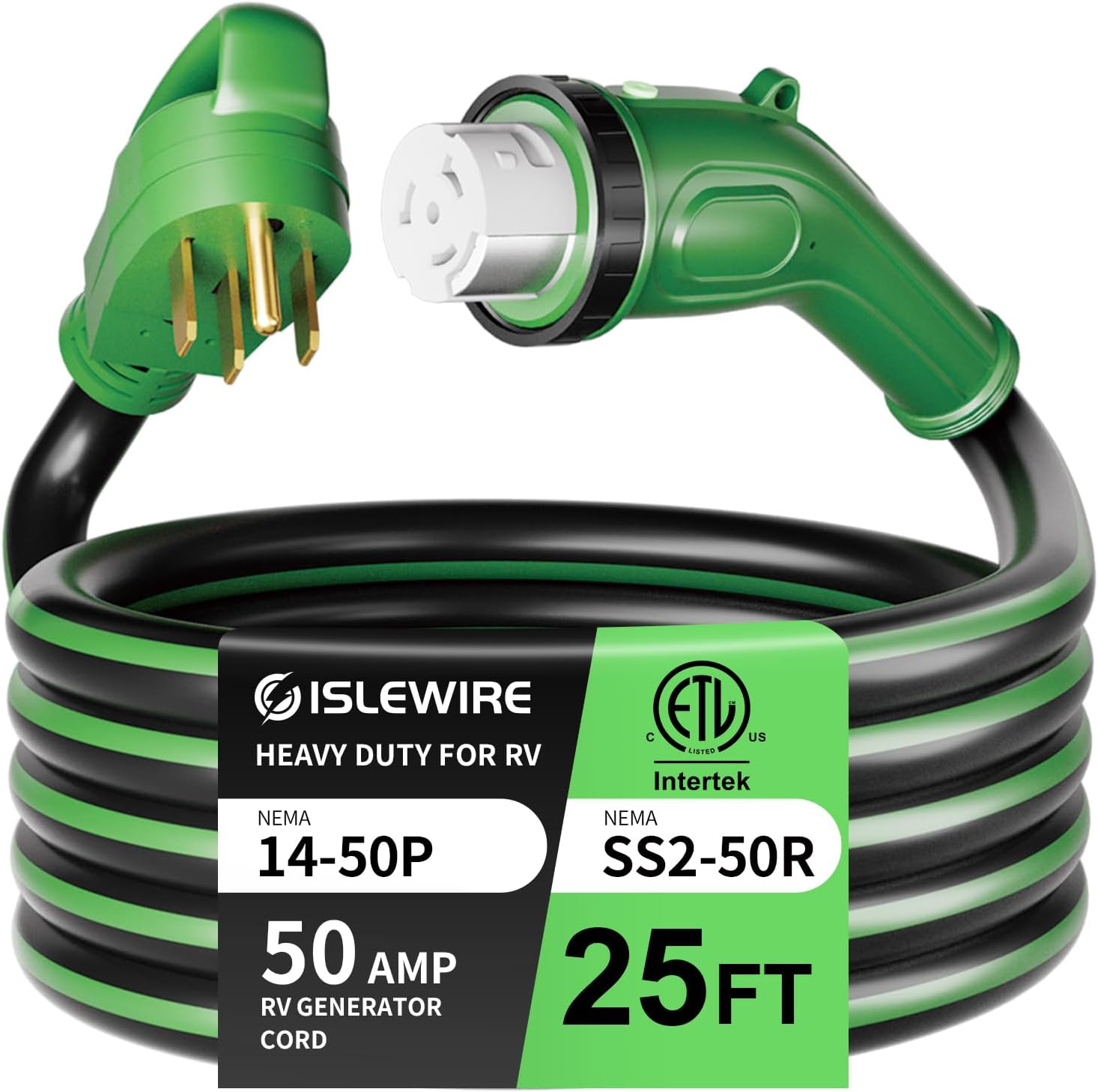 50 Amp 25 Feet RV Power Cord, Heavy Duty 6/3 + 8/1 Gauge STW 50A Generator Cord, NEMA 14-50P to SS2-50R LED Power Indicator Twist Lock for RV Trailer Camper and Generator to House, ETL Listed
