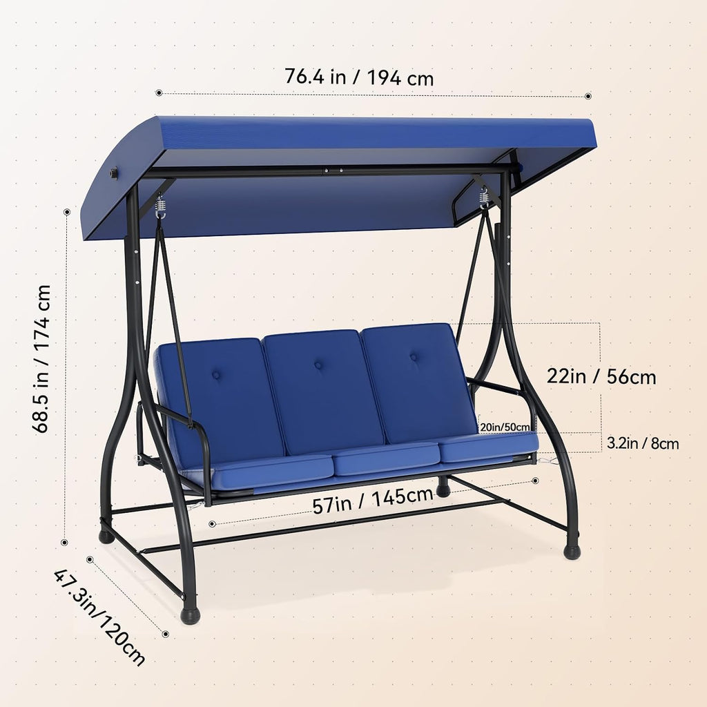 3-Seat Patio Swing Chair Outdoor Heavy Duty Steel Frame with Adjustable Canopy Removable Cushions - All Weather Porch Swings Glider for Backyard, Garden, Poolside - Navy Blue