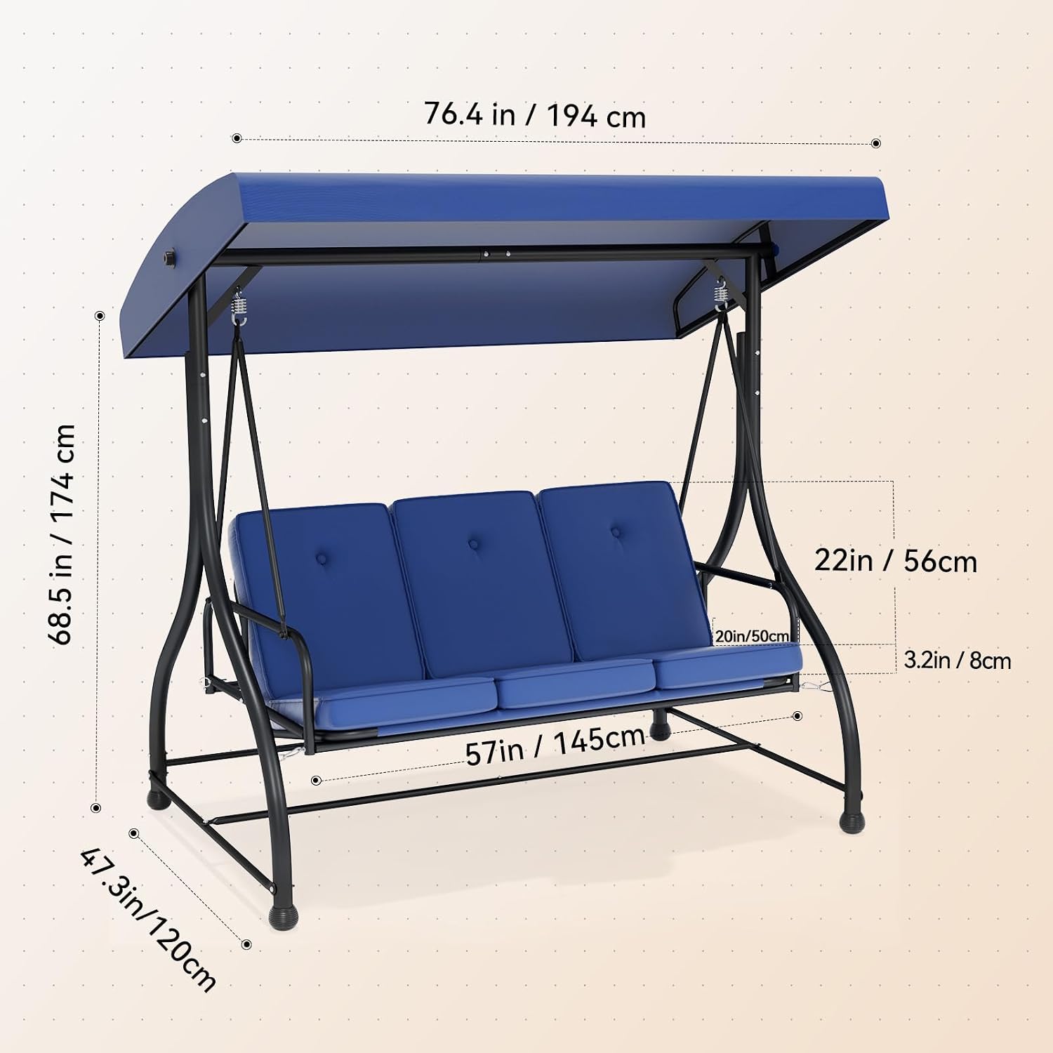 3-Seat Patio Swing Chair Outdoor Heavy Duty Steel Frame with Adjustable Canopy Removable Cushions - All Weather Porch Swings Glider for Backyard, Garden, Poolside - Navy Blue