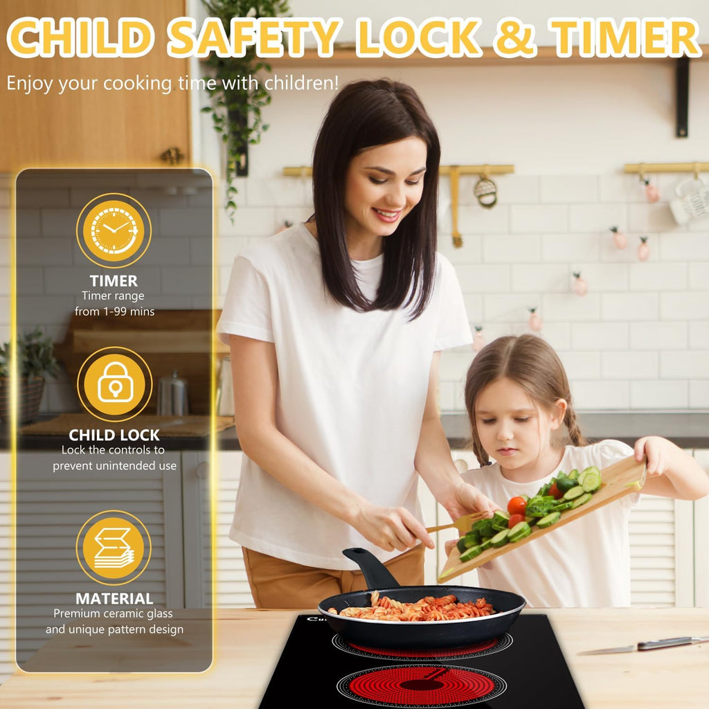 2 Burner Electric Cooktop, 110-120V Plug In Countertop Stove, Touch Control with 99-Min Timer, Child Lock & Auto Shutoff, 12 Inch Radiant Cooktop for Indoor Cooking