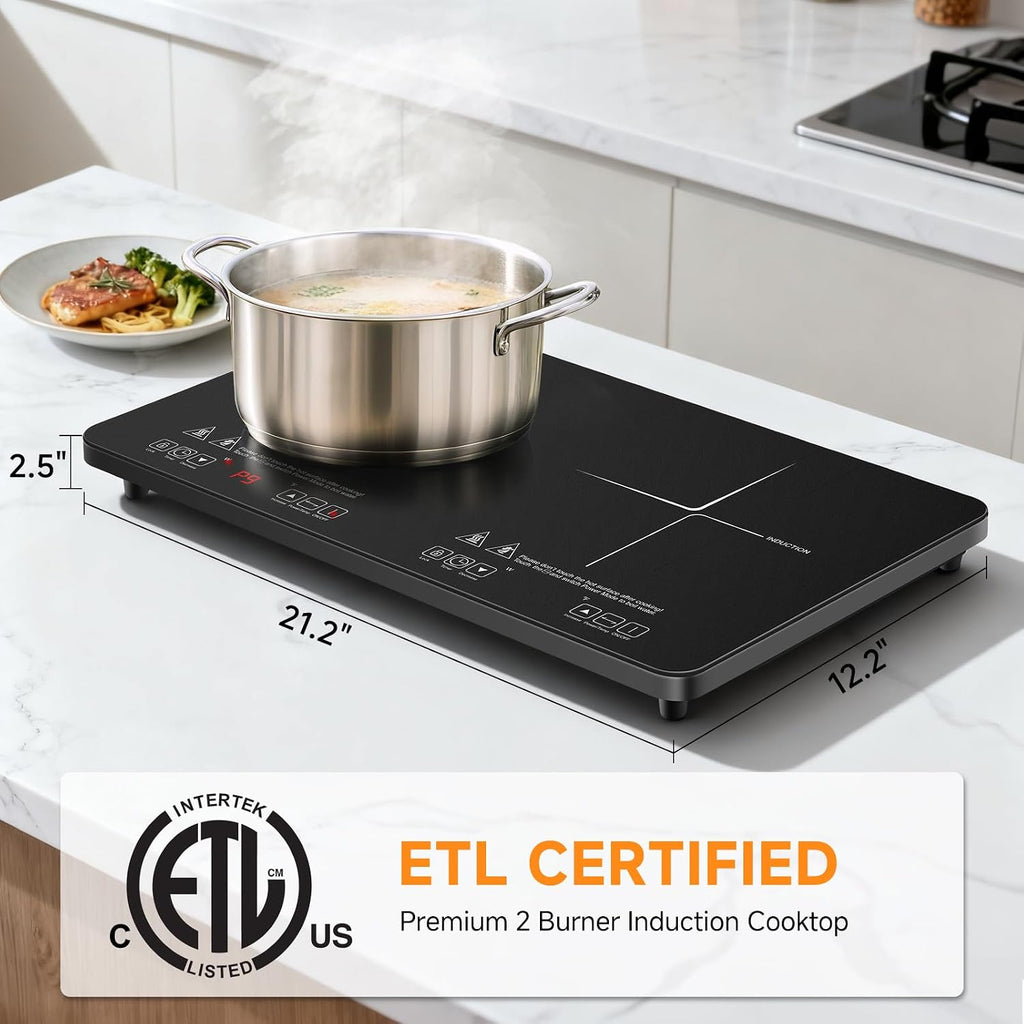 AMZCHEF Portable-Induction-Cooktop-2-Burner-ETL-Certified: 18 Power & 20 Temperature Levels Induction Burners 1800W, Independent Control,10-hour Timer, Safety Lock, Low Noise Electric Cooktops