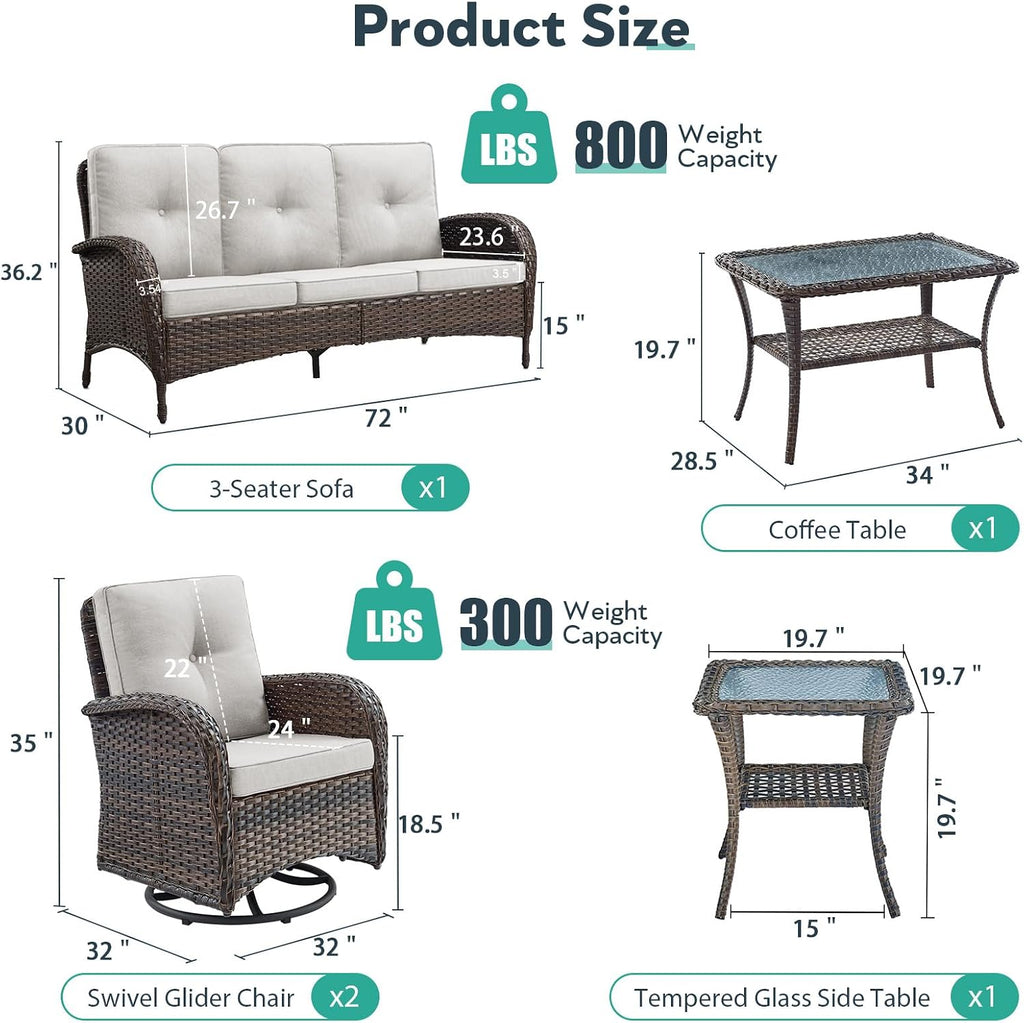 5 Piece Patio Furniture Set - Wicker Patio Conversation Set with Swivel Glider, 3 Seat Sofa, Tempered Glass Side Table and Coffee Table for Deck Backyard - Brown Wicker Beige Cushion