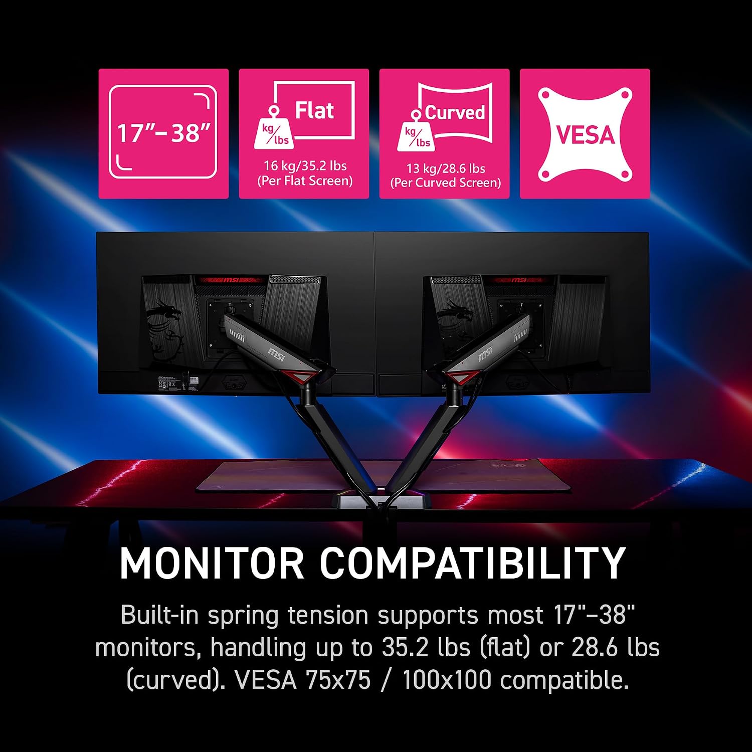 MSI MPG MT161DR - Premium RGB Dual Monitor Stand Arms, 17-38' Support, VESA Compatible, Adjustable Spring Assisted Mount, 35.2 lbs per Screen Capacity, Clamp & Grommet, Quick Release Plate - Black