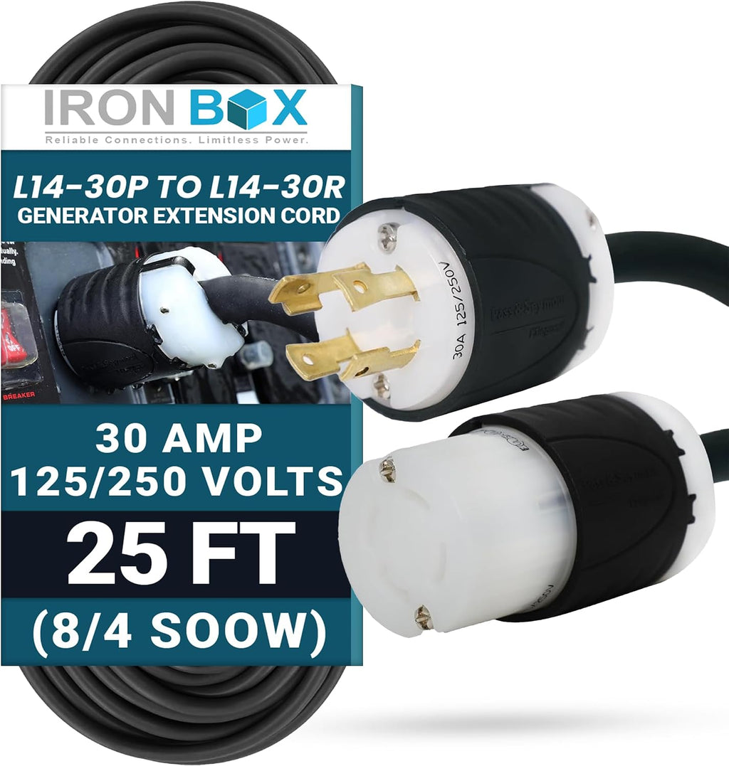 IronBox Electric - Heavy-Duty NEMA L14-30 Generator Extension Cord - L14-30P Plug to L14-30R Connector - Rated for 30 Amps 125/250V 8/4 SOOW 4 Prong Generator Cord - Power Cable for Generators(25 ft)