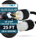 IronBox Electric - Heavy-Duty NEMA L14-30 Generator Extension Cord - L14-30P Plug to L14-30R Connector - Rated for 30 Amps 125/250V 8/4 SOOW 4 Prong Generator Cord - Power Cable for Generators(25 ft)