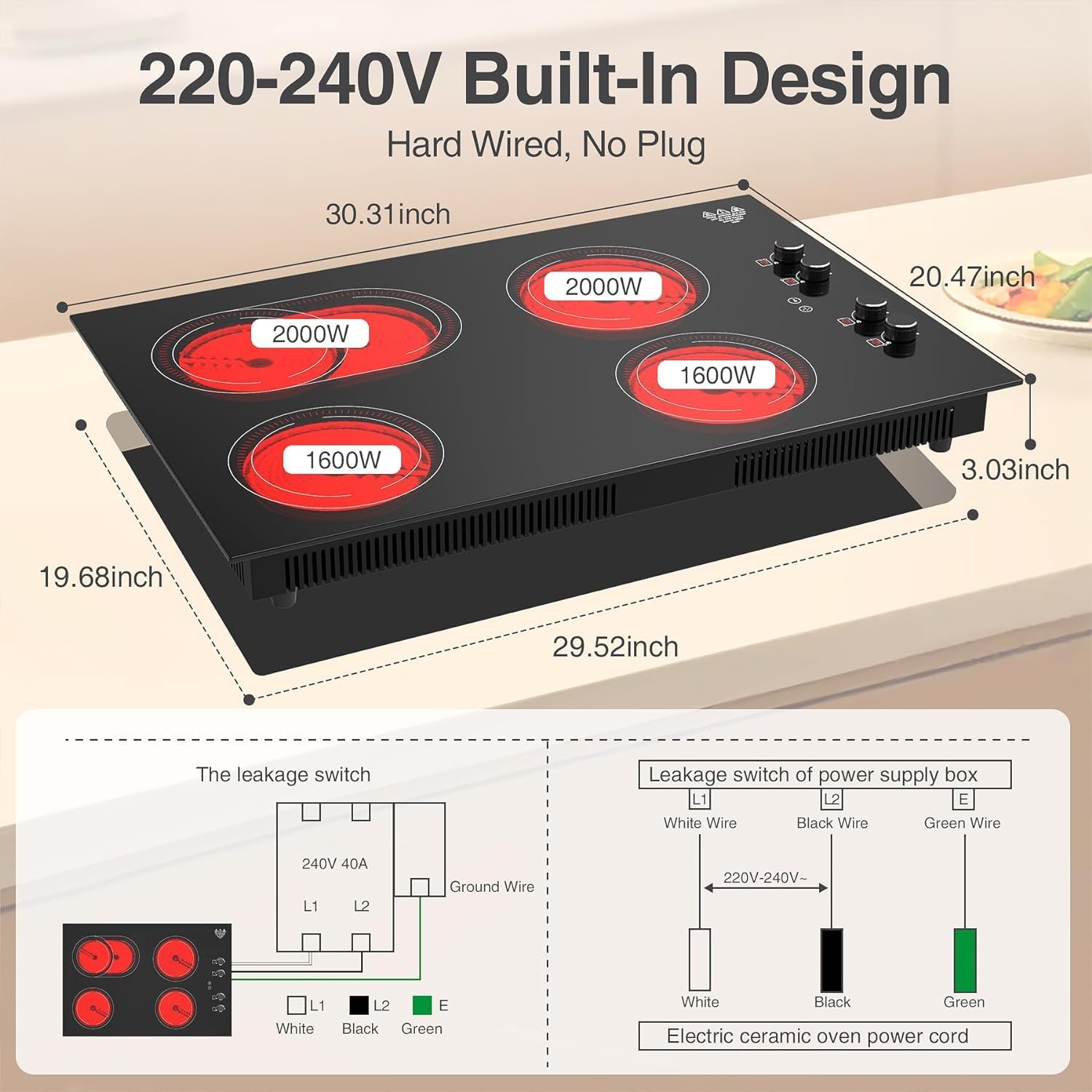 GIHETKUT 4 Burner Electric Cooktop,7200W Built-in & Countertop 30 inch stove top with 9 Power Levels, Child Safety Lock & 99 mins Timer, 30 inch Electric Cooktop 220-240V (No Plug)