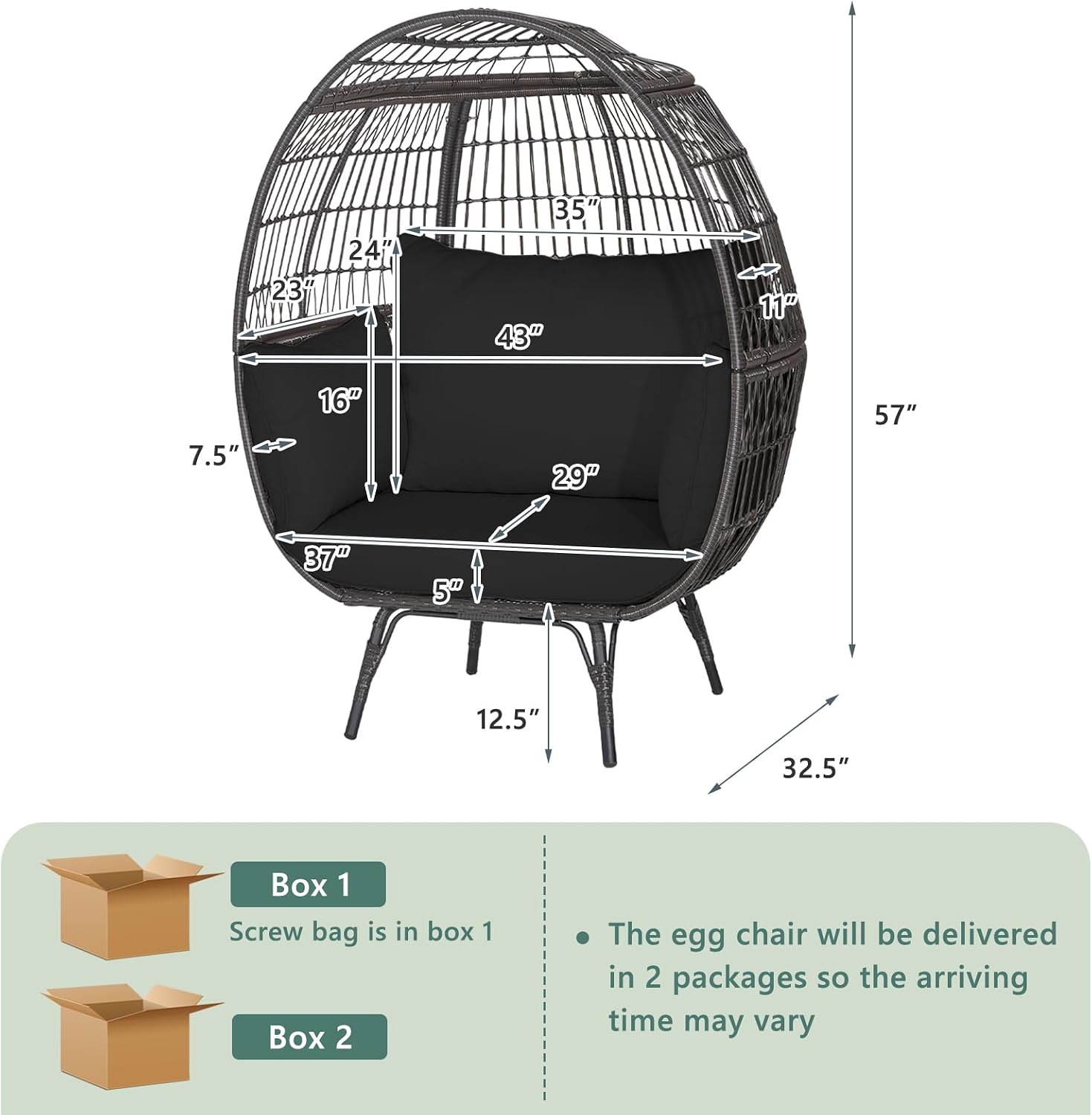 Tangkula PE Wicker Egg Chair, Patiojoy Oversized Indoor Outdoor Patio Lounge Chair with Cushions and Pillows, Steel Frame Basket Chair for Garden, Deck, Balcony, Living Room (Black)