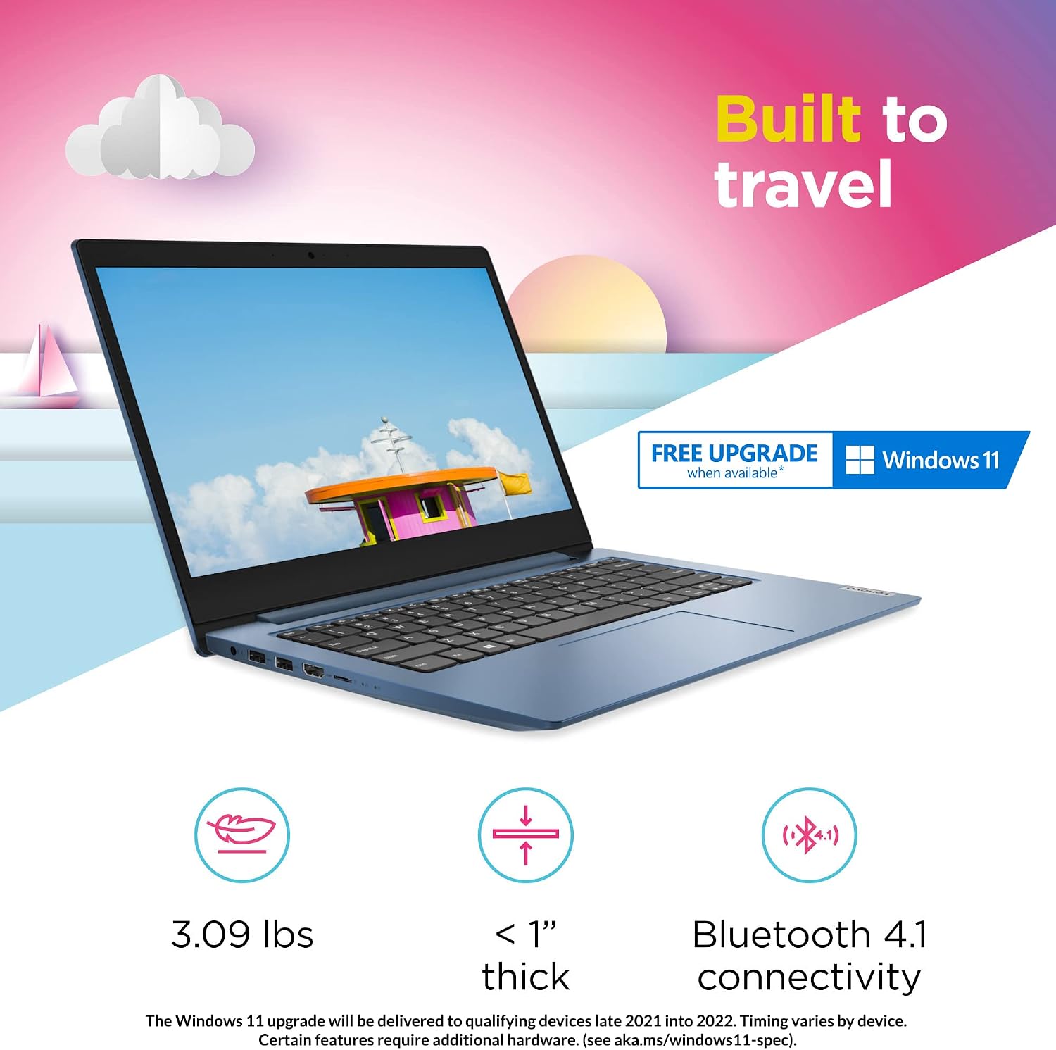 Lenovo IdeaPad 1 14 Laptop, 14.0' HD Display, Intel Celeron N4020, 4GB RAM, 64GB Storage, Intel UHD Graphics 600, Win 10 in S Mode, Ice Blue