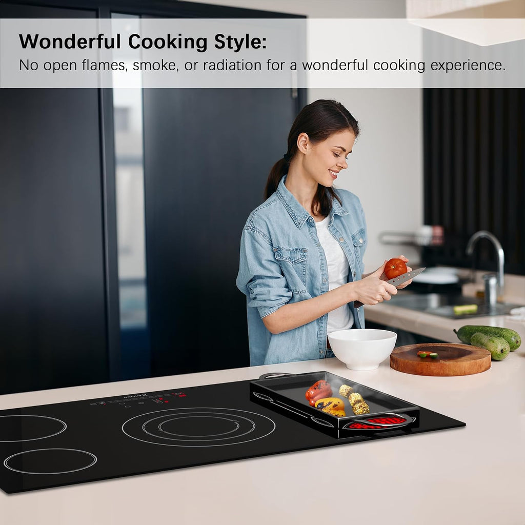 Electric Cooktop 36 Inch Ceramic Stove - 5 Burners Built-in 220-240V Black Cooktop, Touch Control, Child Lock, 9 Power Levels, Timer (9200W)