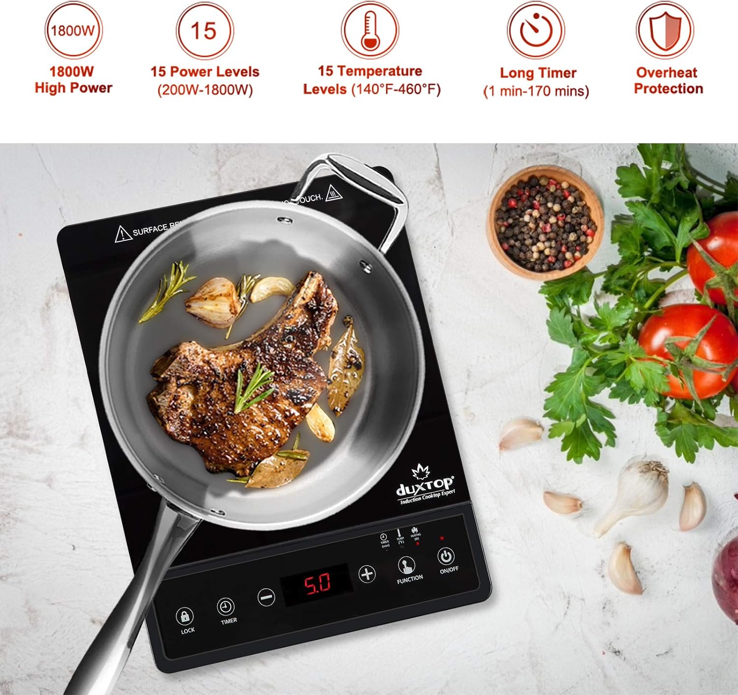 Duxtop Portable Induction Cooktop, 1800W 8500ST E210C2 & Whole-Clad Tri-Ply Stainless Steel Stir-Fry Pan Kitchen Induction Cookware 10 Inches