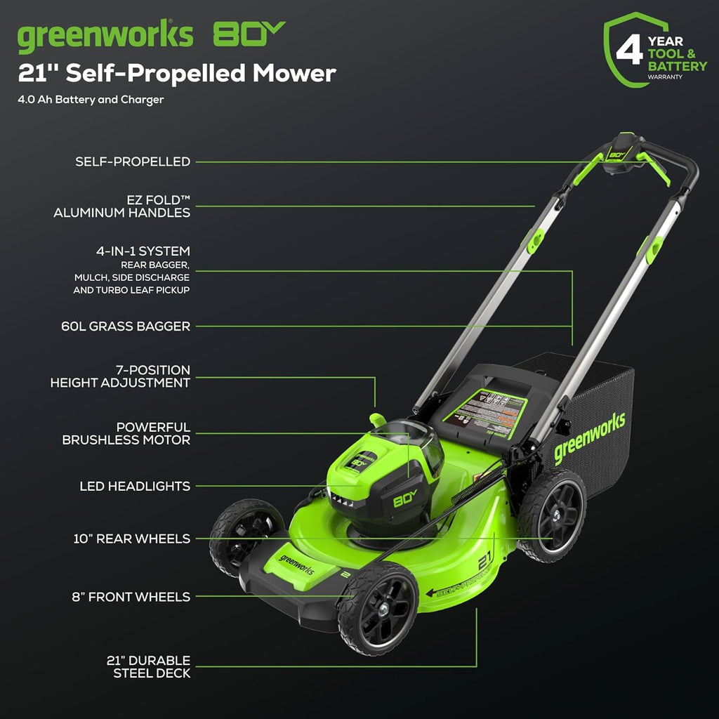 Greenworks 80V 21' Self-Propelled Cordless Lawn Mower – Brushless Motor, LED Lights, 4.0Ah Battery & Rapid Charger (75+ Compatible Tools)